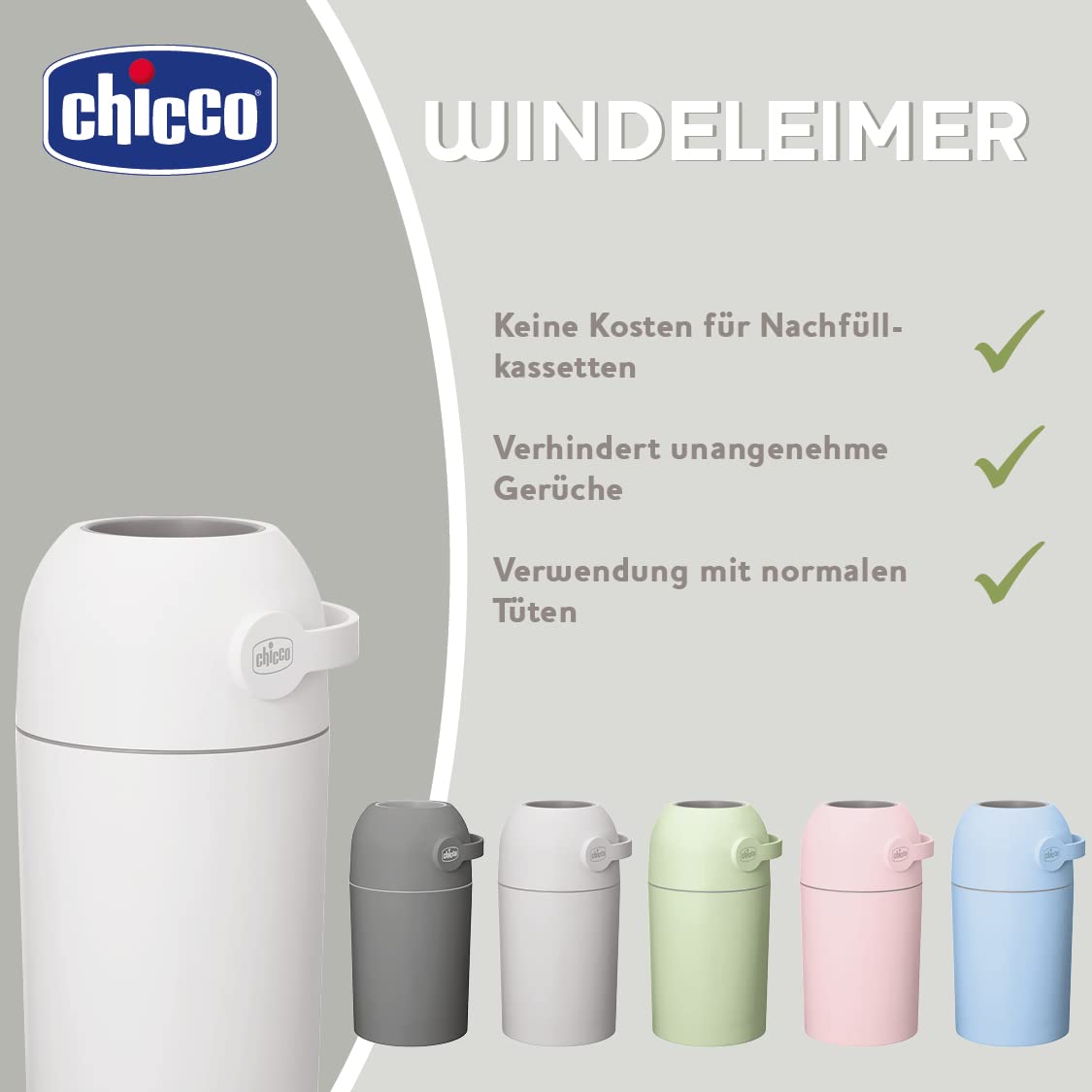 Chicco Windeleimer Odour Off; geruchsdichtes System, platzsparender Windeleimer mit Deckel, einfach zu benutzen und zu reinigen, funktioniert mit herkömmlichen Tüten