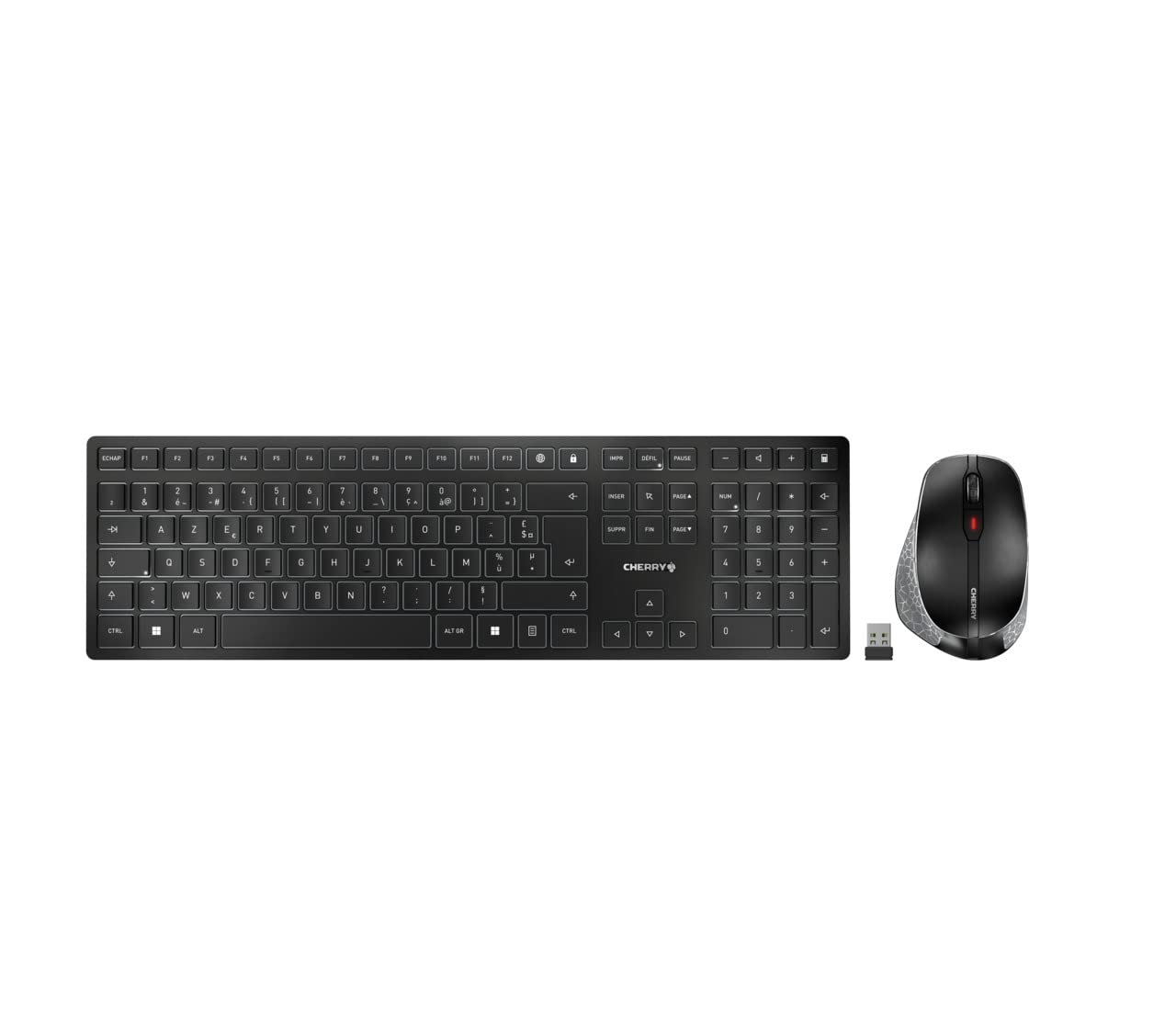 CHERRY DW 9500 SLIM, Kabelloses Tastatur- und Maus-Set, Französisches Layout (AZERTY), Bluetooth oder 2,4 GHz Funk, Ergonomische Rechtshändermaus, Schwarz-Grau