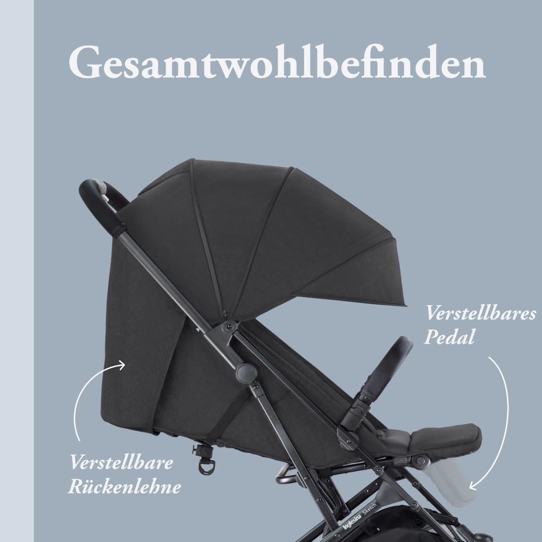 Inglesina Sketch Kinderwagen Leicht und Kompakt, Schwarz, Bequem, bis zu 17kg, Einhand-Faltung, UPF 50+