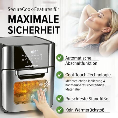 GOURMETmaxx Digitale Heißluftfritteuse 12 L, XXL-Edelstahl-Ofen | Airfryer + Timer, Touchdisplay, Drehspieß | fettarm, energiesparend frittieren | 10 Programme inkl. Pizza | 1800 W