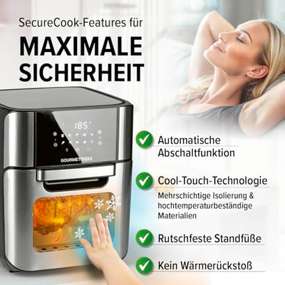 GOURMETmaxx Digitale Heißluftfritteuse 12 L, XXL-Edelstahl-Ofen | Airfryer + Timer, Touchdisplay, Drehspieß | fettarm, energiesparend frittieren | 10 Programme inkl. Pizza | 1800 W