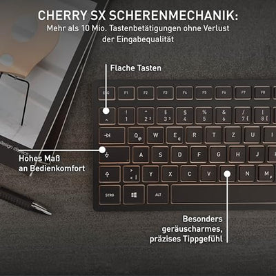 CHERRY DW 9100 SLIM, Kabelloses Tastatur- und Maus-Set, Deutsches Layout (QWERTZ), Bluetooth & 2,4 GHz Funk, Leise Tasten, Wiederaufladbar, Schwarz-Bronze