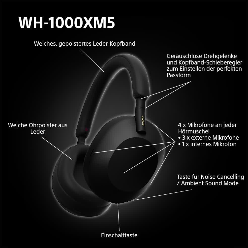 Sony WH-1000XM5 kabellose Bluetooth Noise Cancelling Kopfhörer (30h Akku, Touch Sensor, Headphones Connect App, Schnellladefunktion, optimiert für Amazon Alexa, Headset mit Mikrofon) Schwarz