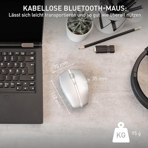 CHERRY GENTIX BT, Kabellose Bluetooth-Maus, Multi-Device-Funktion für bis zu 3 Geräte, Umschaltbare Auflösung (1000/2000 dpi), Batteriebetrieben, Frosted Silver