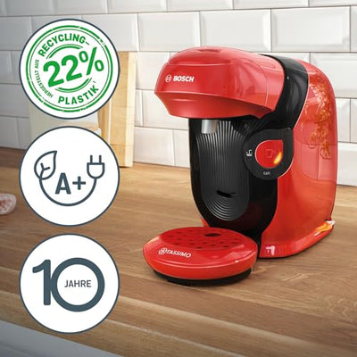 Bosch Tassimo Style friendly Kapselmaschine TAS113E, über 70 Getränke, geeignet für alle Tassen, vollautomatisch, nachhaltig, platzsparend, 1400 W, rot