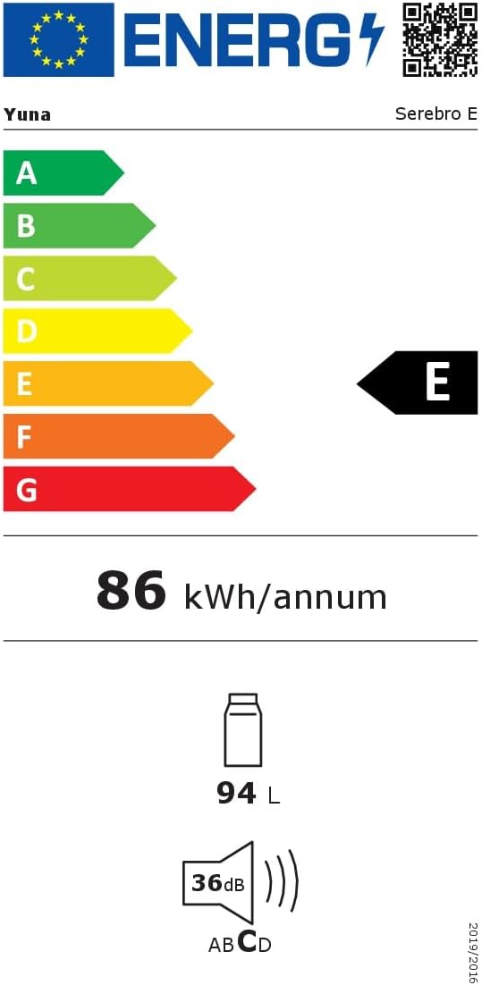 YUNA Kühlschrank SEREBRO E mit Fresh Zone/ 94L Nutzinhalt/Vollraumkühlschrank/ 84 cm hoch/ 86 kWh/Jahr/Türanschlag wechselbar/Leiser Betrieb 36 dB/Silbern