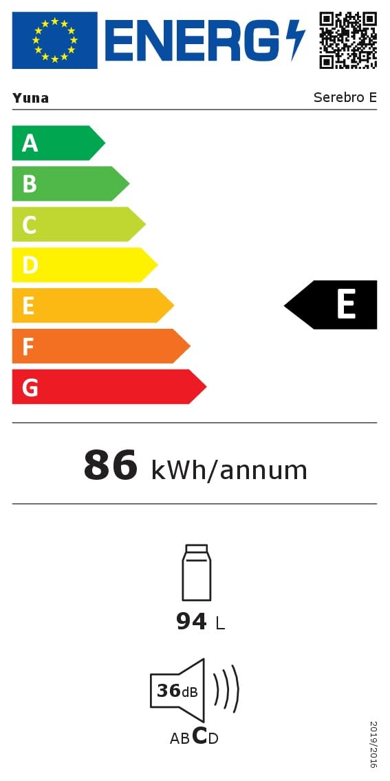 YUNA Kühlschrank SEREBRO E mit Fresh Zone/ 94L Nutzinhalt/Vollraumkühlschrank/ 84 cm hoch/ 86 kWh/Jahr/Türanschlag wechselbar/Leiser Betrieb 36 dB/Silbern