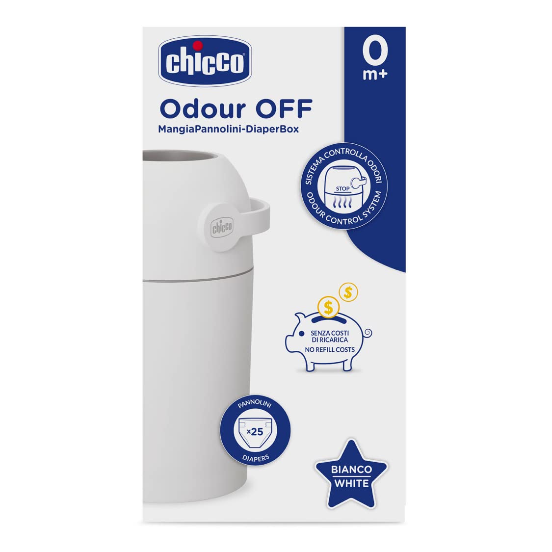 Chicco Windeleimer Odour Off; geruchsdichtes System, platzsparender Windeleimer mit Deckel, einfach zu benutzen und zu reinigen, funktioniert mit herkömmlichen Tüten