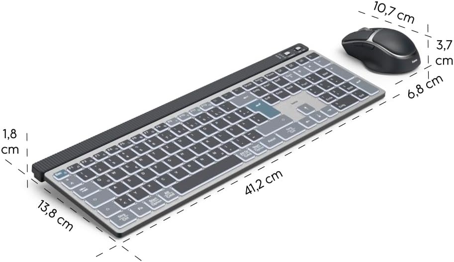 Hama Tastatur-Maus-Set kabellos WKM-750 (Multi-Device 1x Funk, 2X Bluetooth für PC, Laptop, Tablet, leise Tastatur LED, verstellbare Tippwinkel, FN-Lock, QWERTZ DE, ergonomische leise Maus) schwarz