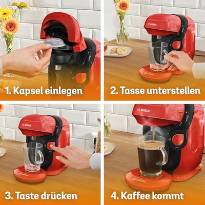 Bosch Tassimo Style friendly Kapselmaschine TAS113E, über 70 Getränke, geeignet für alle Tassen, vollautomatisch, nachhaltig, platzsparend, 1400 W, rot