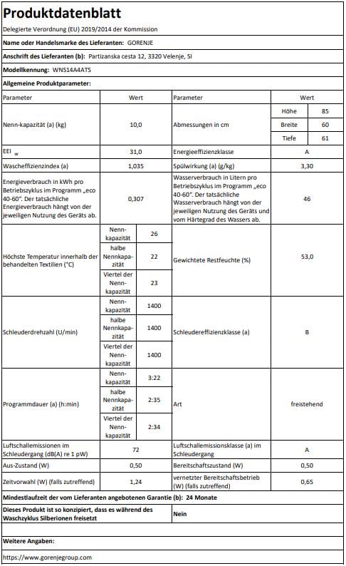 Gorenje WNS14A4ATS Waschmaschine mit Dampffunktion/ConnectLife /10Kg /1400 U/min /15 Programme/Totaler AquaStop/Wave Active Trommel/Sport/ExtraHygiene/PowerWash/Schnell Waschgang/EEK: A-40%