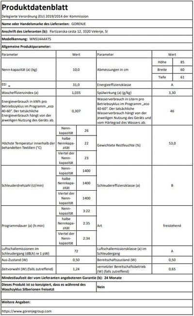 Gorenje WNS14A4ATS Waschmaschine mit Dampffunktion/ConnectLife /10Kg /1400 U/min /15 Programme/Totaler AquaStop/Wave Active Trommel/Sport/ExtraHygiene/PowerWash/Schnell Waschgang/EEK: A-40%