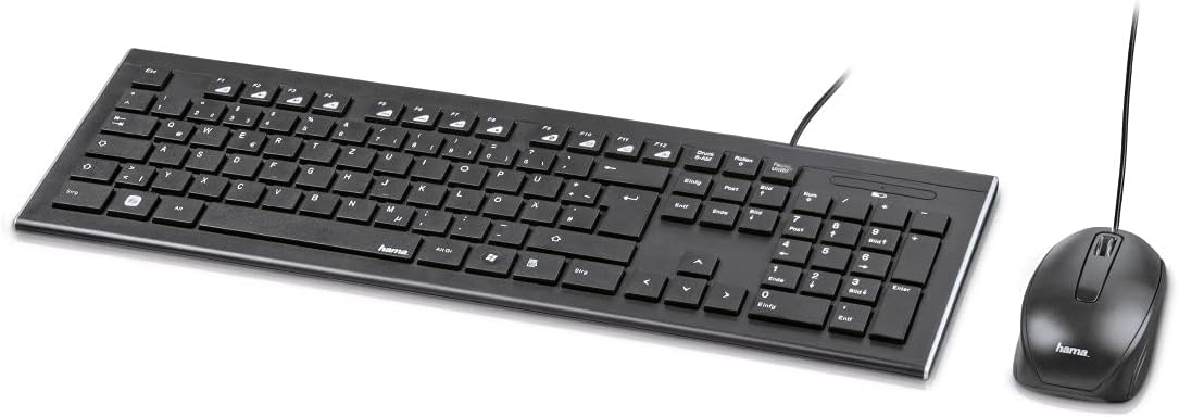 Hama Computertastatur Maus Set (kabelgebunden, ergonomisch, deutsches Tastenlayout QWERTZ, leise Tasten, flaches Design, 12 Media-Tasten, optische Maus, 1000 dpi, USB-Anschluss, PC, Laptop) schwarz