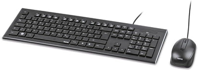 Hama Computertastatur Maus Set (kabelgebunden, ergonomisch, deutsches Tastenlayout QWERTZ, leise Tasten, flaches Design, 12 Media-Tasten, optische Maus, 1000 dpi, USB-Anschluss, PC, Laptop) schwarz