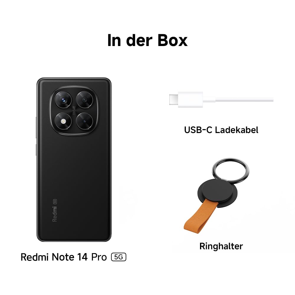 Xiaomi Redmi Note 14 Pro 5G Smartphone, 8 + 256GB, Black, 200MP professionelle AI-Kamera, IP68, 45W TurboCharge mit 5110mAh Akku, AI-Funktionen (kein Ladegerät enthalten)