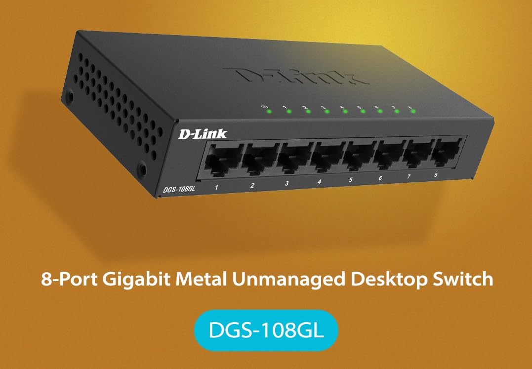 D-Link DGS-108GL 8-Port Unmanaged Gigabit Switch (ohne Lüfter, Low Profile Metallgehäuse, Desktop, Plug-and-Play, QoS, 802.3az EEE), Black