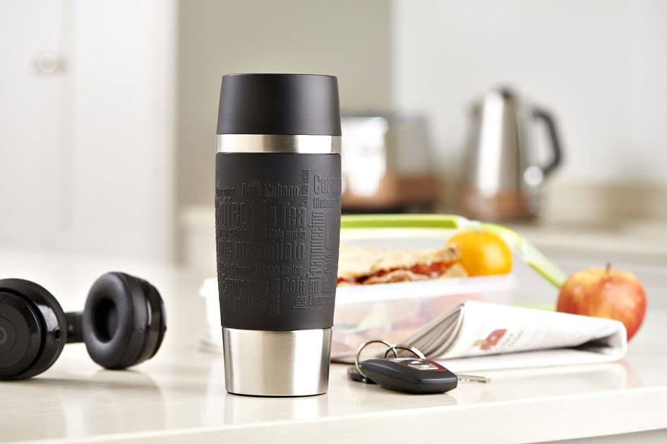 Emsa 513361 Travel Mug Classic Thermo-/Isolierbecher, Fassungsvermögen: 360 ml, hält 4h heiß/ 8h kalt, 100% dicht, auslaufsicher, Quick-Press-Verschluss, 360°-Trinköffnung, schwarz