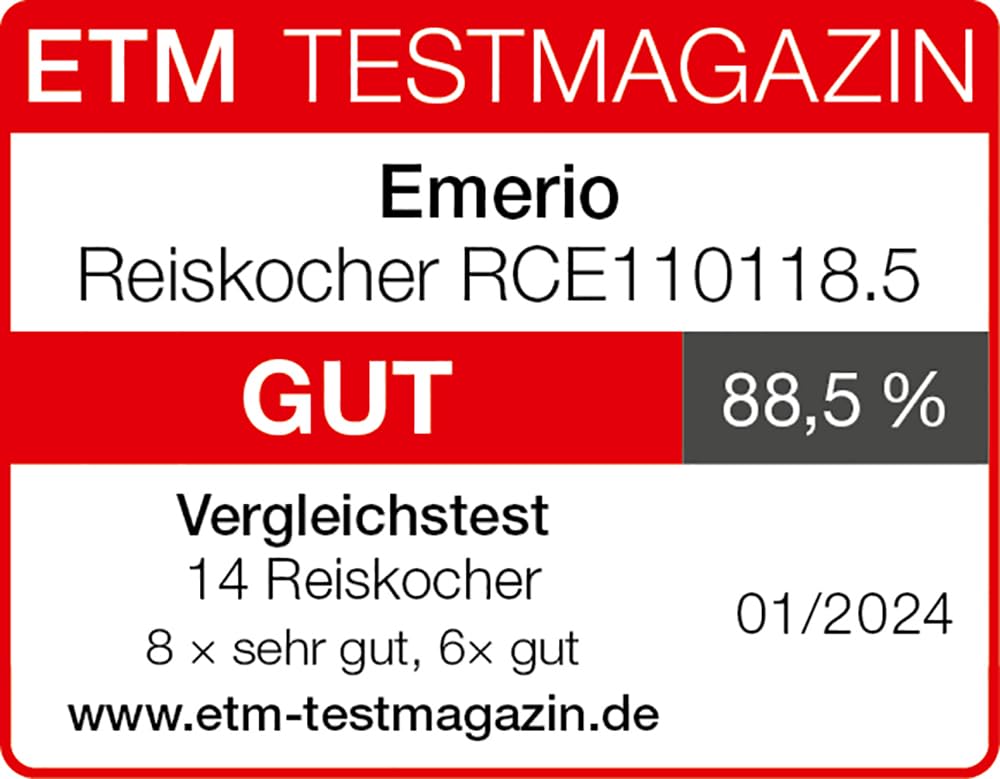 EMERIO Reiskocher ECO Automatik | BPA frei | bis zu 1.5L Volumen | Warmhaltefunktion | Auto Off | Antihaftbeschichtung | Glasdeckel | inkl. Reislöffel + Messbecher | Schongarer | 500 Watt