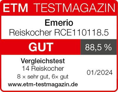 EMERIO Reiskocher ECO Automatik | BPA frei | bis zu 1.5L Volumen | Warmhaltefunktion | Auto Off | Antihaftbeschichtung | Glasdeckel | inkl. Reislöffel + Messbecher | Schongarer | 500 Watt