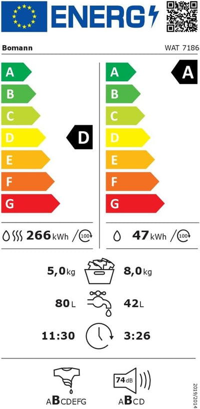 Bomann® Waschtrockner | Waschen und Trocknen in einem Durchgang | 8 kg Waschen, 5 kg Trocknen | Invertermotor | 1400 U/Min | Dampffunktion | Waschmaschine mit Trockner integriert | WAT 7186 weiß