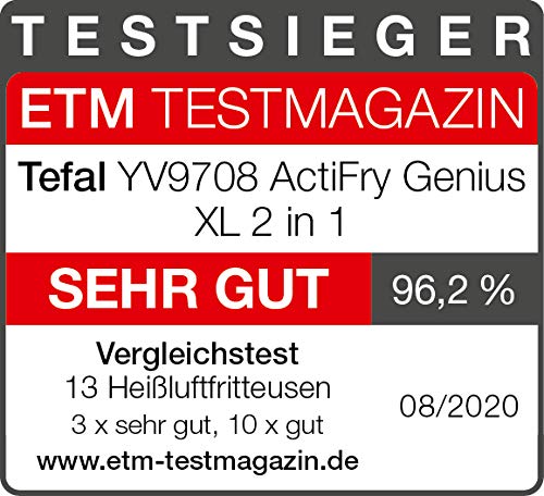 Tefal YV9708 ActiFry Genius XL 2in1 Heißluftfritteuse mit Rührarm | Testsieger | 1,7 kg für 8 Personen | 9 automatische Menüs | 2 Speisen gleichzeitig | gesunde Friteuse ohne Öl, Schwarz