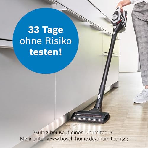 Bosch Akku-Staubsauger Unlimited Gen2 Serie 8 BKS8214W, beutellos, bis 45 Min Laufzeit, austauschbarer Akku, LED-Beleuchtung, automatische Anpassung an alle Bodenarten, XXL-Polsterdüse, weiß