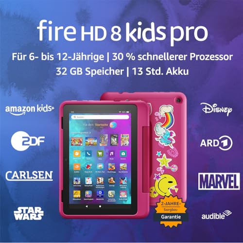 Das neue Fire HD 8 Kids Pro-Tablet, 8-Zoll-HD-Display, für Kinder von 6 bis 12 Jahren, 13 Stunden Akkulaufzeit, kindgerechte Hülle, 32 GB (2022), Regenbogen-Design