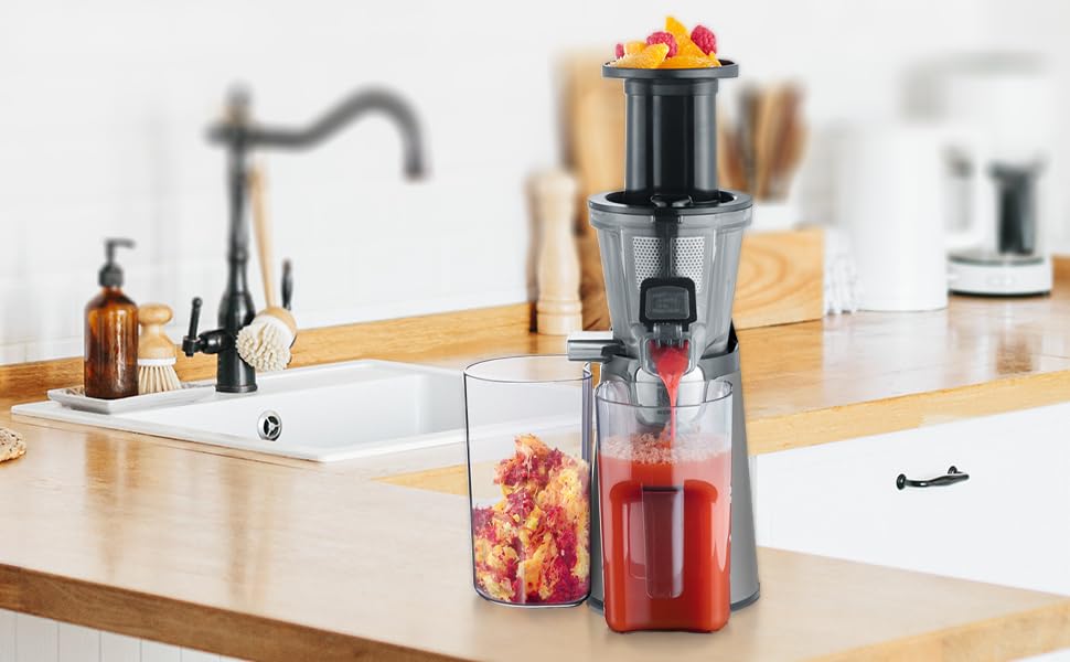 SEVERIN Slow Juicer – Entsafter für Saft, Sorbet, Eis, Marmelade uvm., elektrische Saftpresse aus Edelstahl, einfache Reinigung dank Easy-Clean Konzept, 1L Auffangbehälter, 150 Watt, ES 3571