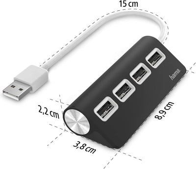 Hama USB Hub 4 Ports (High-Speed Datenübertragung, 4x USB-A für Maus, USB-Stick, USB-Dongle, externe HDD, SSD, usw. Multiport Adapter, USB Adapter 4in1 für Büro, Homeoffice und unterwegs) schwarz