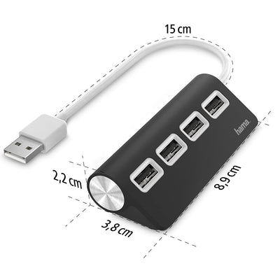 Hama USB Hub 4 Ports (High-Speed Datenübertragung, 4x USB-A für Maus, USB-Stick, USB-Dongle, externe HDD, SSD, usw. Multiport Adapter, USB Adapter 4in1 für Büro, Homeoffice und unterwegs) schwarz