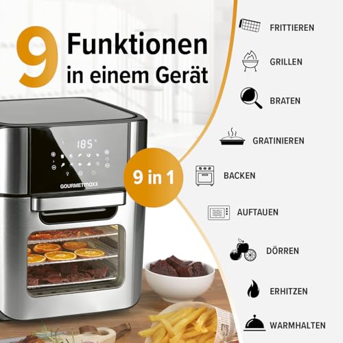 GOURMETmaxx Digitale Heißluftfritteuse 12 L, XXL-Edelstahl-Ofen | Airfryer + Timer, Touchdisplay, Drehspieß | fettarm, energiesparend frittieren | 10 Programme inkl. Pizza | 1800 W