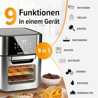 GOURMETmaxx Digitale Heißluftfritteuse 12 L, XXL-Edelstahl-Ofen | Airfryer + Timer, Touchdisplay, Drehspieß | fettarm, energiesparend frittieren | 10 Programme inkl. Pizza | 1800 W