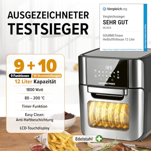 GOURMETmaxx Digitale Heißluftfritteuse 12 L, XXL-Edelstahl-Ofen | Airfryer + Timer, Touchdisplay, Drehspieß | fettarm, energiesparend frittieren | 10 Programme inkl. Pizza | 1800 W