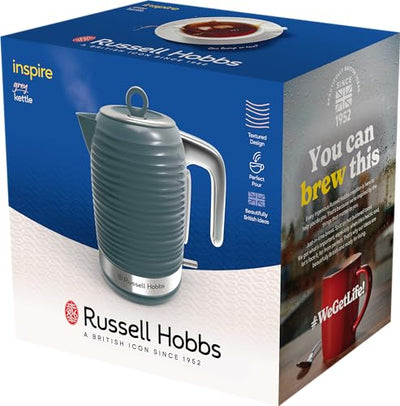 Russell Hobbs Wasserkocher [1,7l, 2400W] Inspire Grau mit hochwertiger Hochglanz-Struktur (Schnellkochfunktion, herausnehmbarer Kalkfilter, Wasserstandsanzeige, abnehmbarer Deckel) Teekocher 24363-70