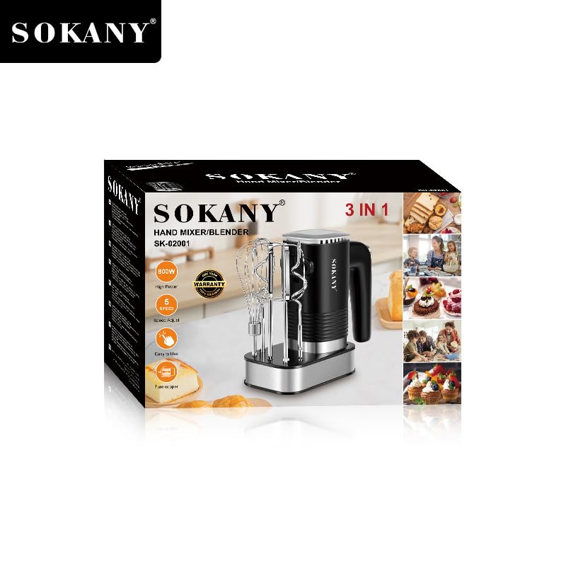 SOKANY 800W Handrührgerät Edelstahlkneter Handmixer, 5 Geschwindigkeiten mit Exit-Taste, Handrührer mit 2 Knethaken & 2 Rührbesen (SK-02001 3IN1 800W)