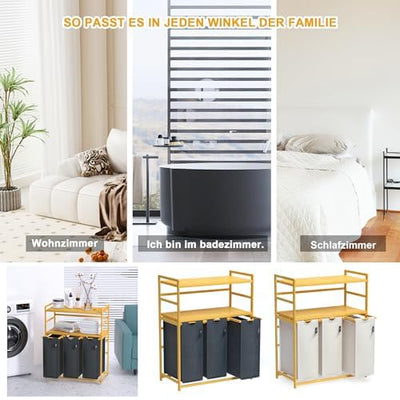 AdelDream Wäschekorb 150L 3 Fächer 2 Regale ausziehbarer und abnehmbarer Wäschesack Wäschesammler Bambusrahmen Wäscheboxen laundry baskets Wäschesortierer Bambus