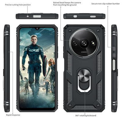 LeYi Hülle für Xiaomi Redmi A3 4G Handyhülle [2 Schutzglas Displayschutz & 2 Kamera Folie] Militär Stoßfest Case Metall Ring Halter Cover Outdoor Hardcase Outdoor Redmi A 3 4 G Schutzhülle Schwarz