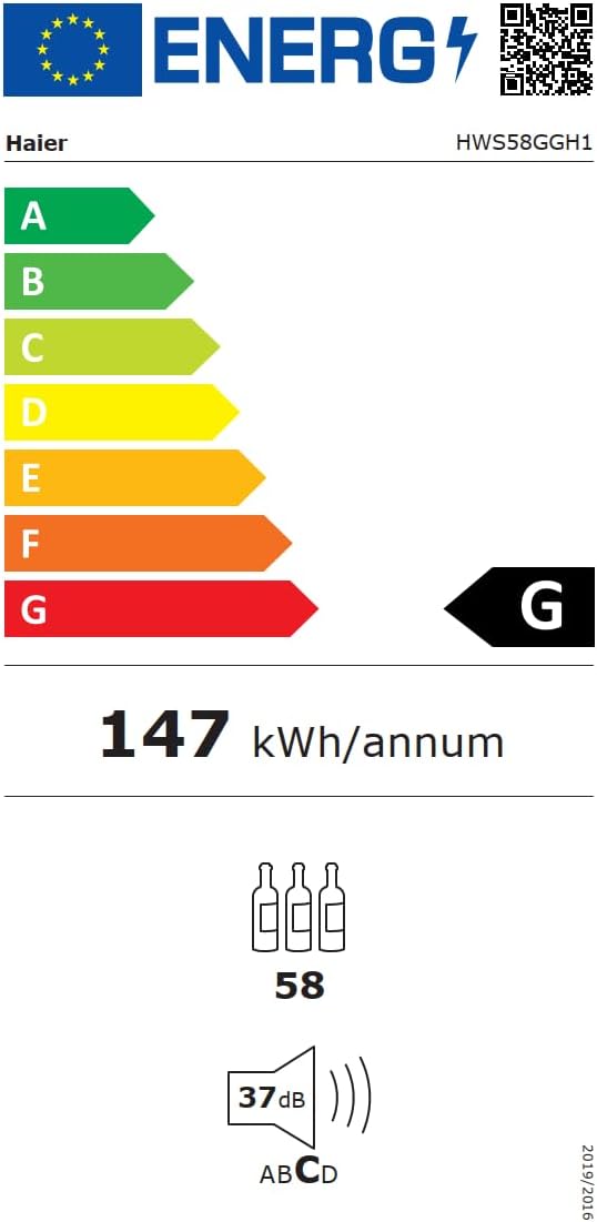 Haier HWS58GGH1 Weinklimaschrank 50 SERIE 3 / Anzahl Flaschen max. 58/1 Zone/WiFi & hOn-App/Vibrationsarmer Kompressor/UV-undurchlässige Glastür / 10 Holzablagen/LED-Beleuchtung