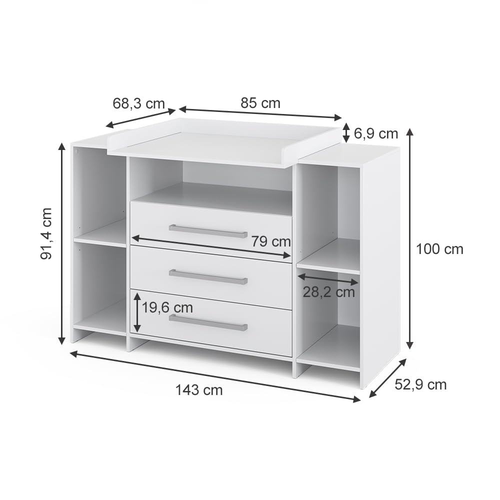 Vicco Wickelkommode Oskar, Weiß, 143 x 100 cm XL mit Schubladen