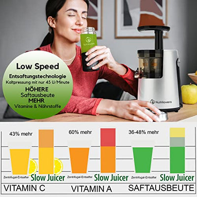 NUTRI-PRESS NO.1 Slow Juicer Profi Entsafter Testsieger Saftausbeute 3 Siebe Saft, Smoothie, Frucht-Eis Sehr leise, BPA-Frei - elektrische Saftpresse Obst Gemüse, Rezeptbuch, Flasche