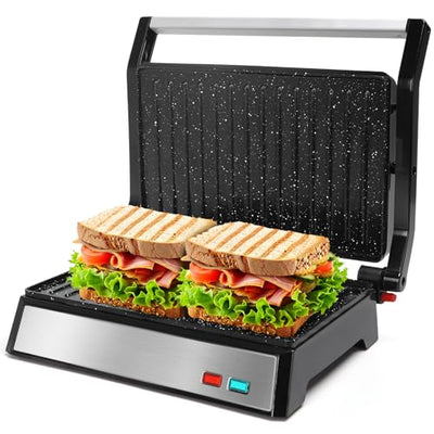 Aigostar Hett pro- Kontaktgrill für Sandwiches, Steak und als Panini Grill, Sandwichmaker mit Antihaftbeschichtung, 1500W Panini Grill mit Abnehmbare Ölsammelbox, 180º Öffnung.