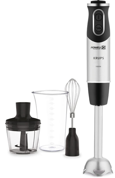 Krups Perfect Mix Stabmixer HZ6568 | Blender | 1000 Watt | Edelstahlfuß | 4 extra scharfe Messer | Powelix Technologie | Schneebesen | 500 ml Zerkleinerer | 800 ml Messbecher | Schwarz/Silber