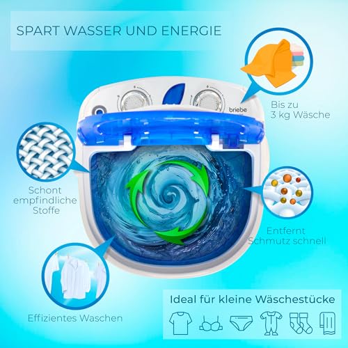 briebe Camp Mini-Waschmaschine Mobile mit Schleude, Camping, Tragbare Waschautomat bis 3 Kg Kleidung, Reisewaschmaschine, Wohnwagen, Wohnmobile, Geringer Wasser- und Energieverbrauch, WM1111