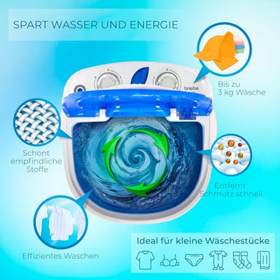 briebe Camp Mini-Waschmaschine Mobile mit Schleude, Camping, Tragbare Waschautomat bis 3 Kg Kleidung, Reisewaschmaschine, Wohnwagen, Wohnmobile, Geringer Wasser- und Energieverbrauch, WM1111