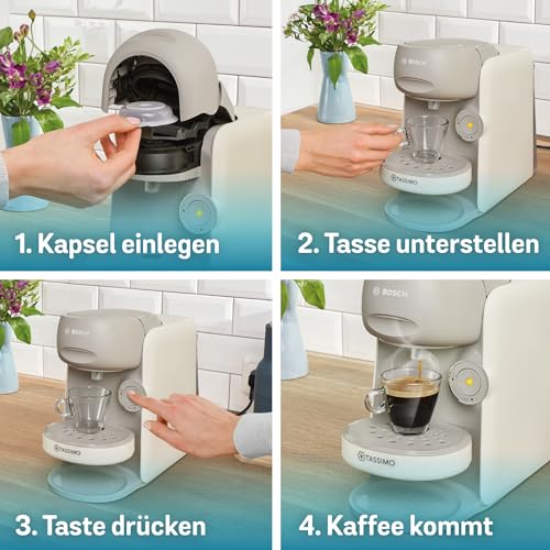 Bosch Tassimo finesse Kapselmaschine TAS167P, 70 Getränke, intensiverer Kaffee auf Kopfdruck, Abschaltautomatik, perfekt dosiert, platzsparend, 1400 W, crema