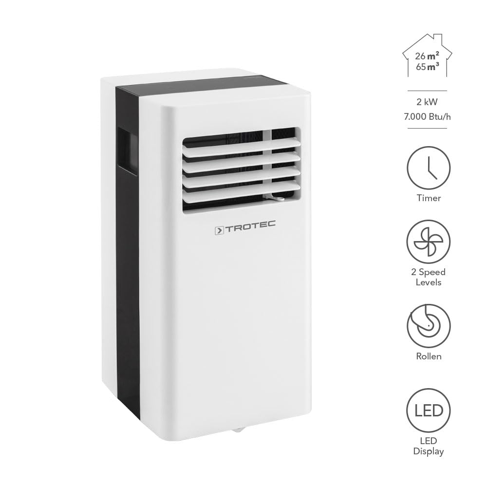 TROTEC PAC 2100 X mobile Klimaanlage 3-in-1 Kühlung, Ventilation, Entfeuchtung Monoblock-Klimagerät 2 kW 7.000 BTU/h für Raumgrößen bis 26 m² und 65 m³ 2 Ventilationsstufen