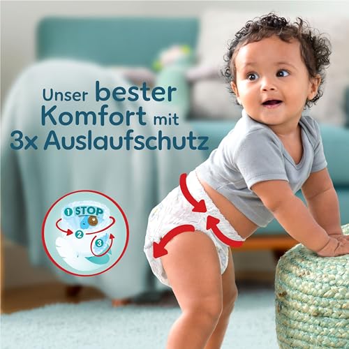 Pampers Baby Windeln Pants Größe 5 (12-17kg) Premium Protection, Junior mit Stop- und Schutz Täschchen, MONATSBOX, 144 Höschenwindeln