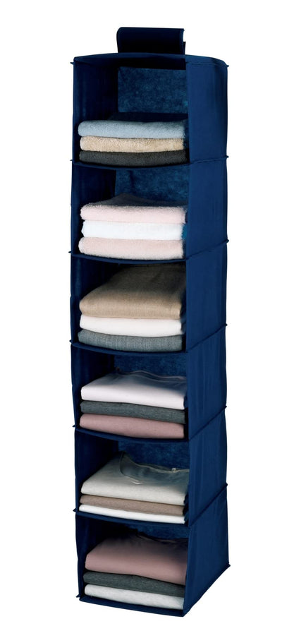 WENKO Trieur de linge Air, organiseur de placard avec 6 compartiments pour textiles, renforcé, larges étagères et fermeture velcro pour fixation sur la tringle à vêtements, matière polaire respirante, bleu marine