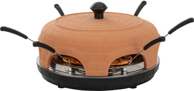 Heidenfeld Pizzaofen Pizzachef | Platz für 6 Personen - Elektrischer Pizza Ofen - 1100 Watt - Raclette Backofen mit Tonhaube - Pizzamaker inkl. Pizzaschaufeln - Stahlplatte mit Haltegriff (Terracotta)