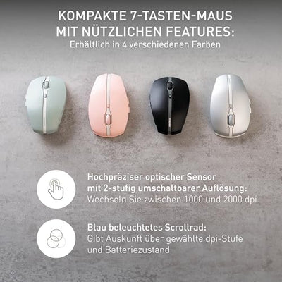 CHERRY GENTIX BT, Kabellose Bluetooth-Maus, Multi-Device-Funktion für bis zu 3 Geräte, Umschaltbare Auflösung (1000/2000 dpi), Batteriebetrieben, Frosted Silver